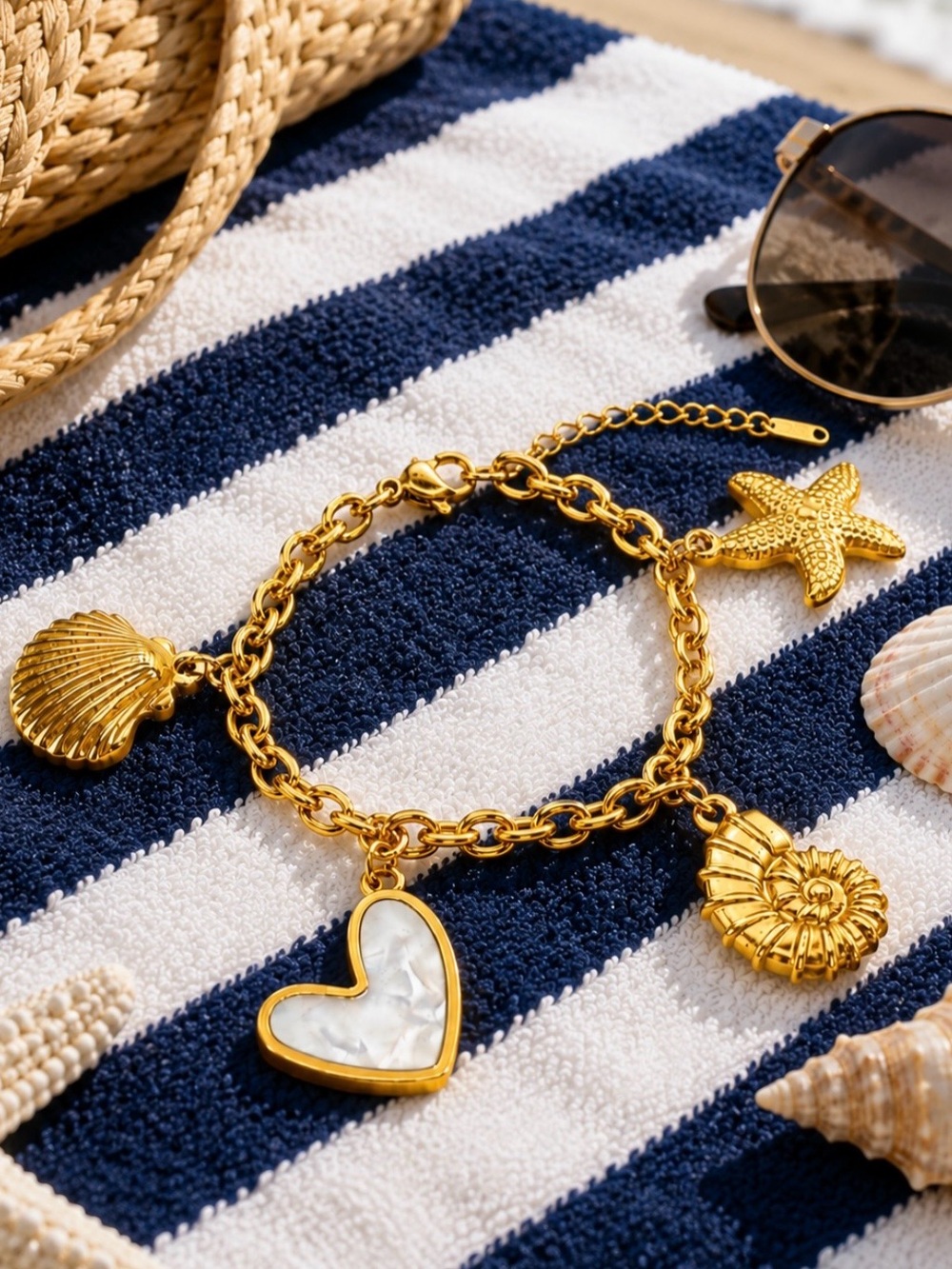 18K Gold Plated Starfish Shell Heart Bracelet Stainless Steel Adjustable NEW